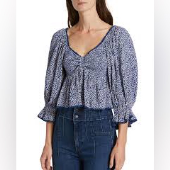 Free People Brittnee Printed Top in the color Blue Combo. NWT size Medium. - Picture 5 of 8
